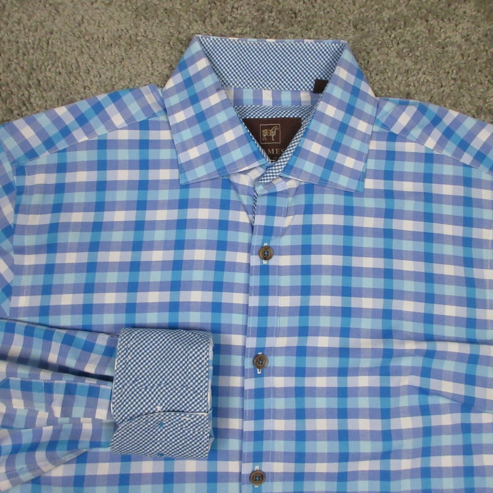 James Tattersall Shirt Mens Small Blue Plaid Flip Cuff Twill Button Up